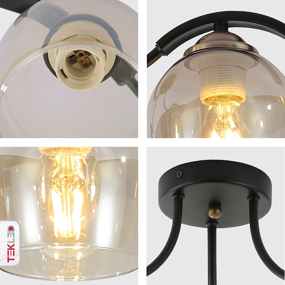Detailed photo of amber glass black semi-flush ceiling light with 3xe27 fitting