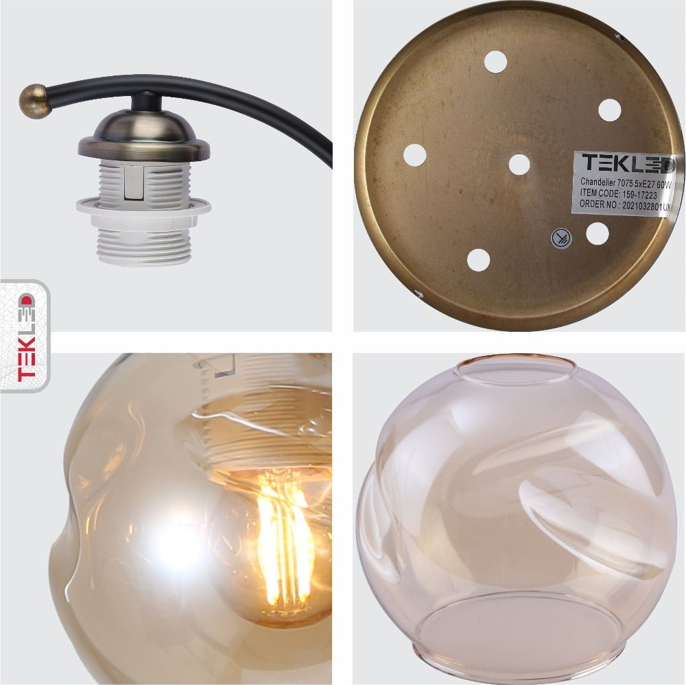 Detailed photo of amber glass dome black and antique brass metal semi flush ceiling light 5xe27