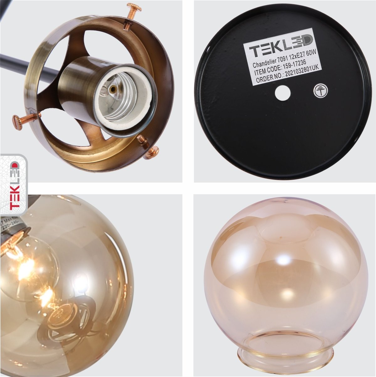Detailed photo of amber glass globe black and antique brass semi flush ceiling light 12xe27