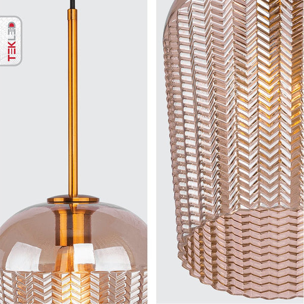Detailed photo of amber glass schoolhouse pendant light with e27 fitting