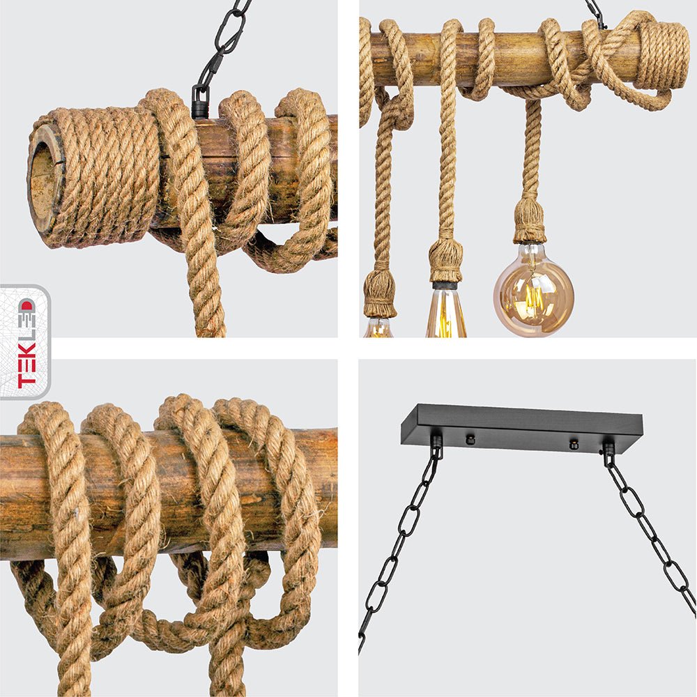 Detailed photo of bamboo and hemp rope rod chandelier with 6xe27 fitting