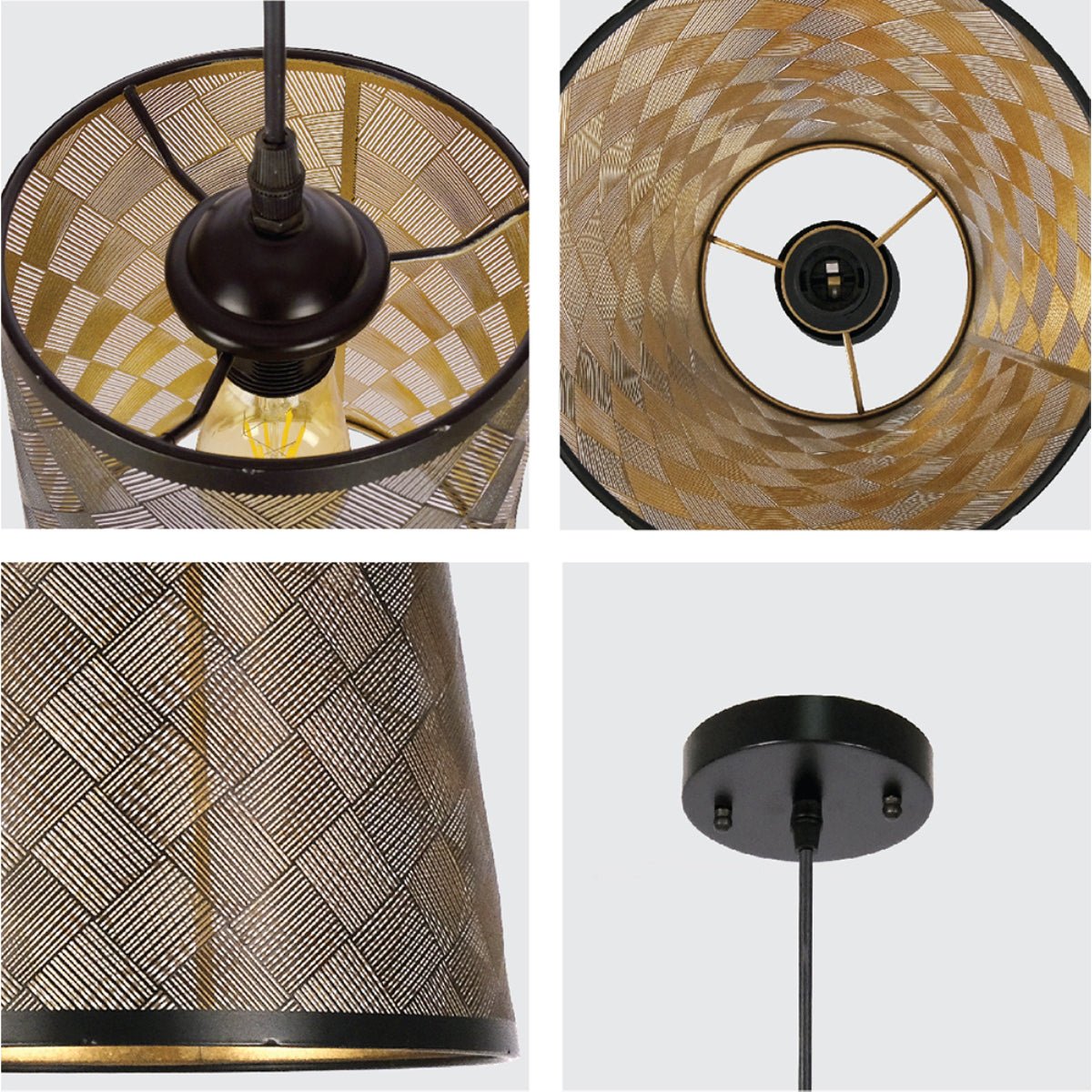 Detailed shots of Black-Golden Metal Frustum Pendant Ceiling Light with E27 | TEKLED 150-17986