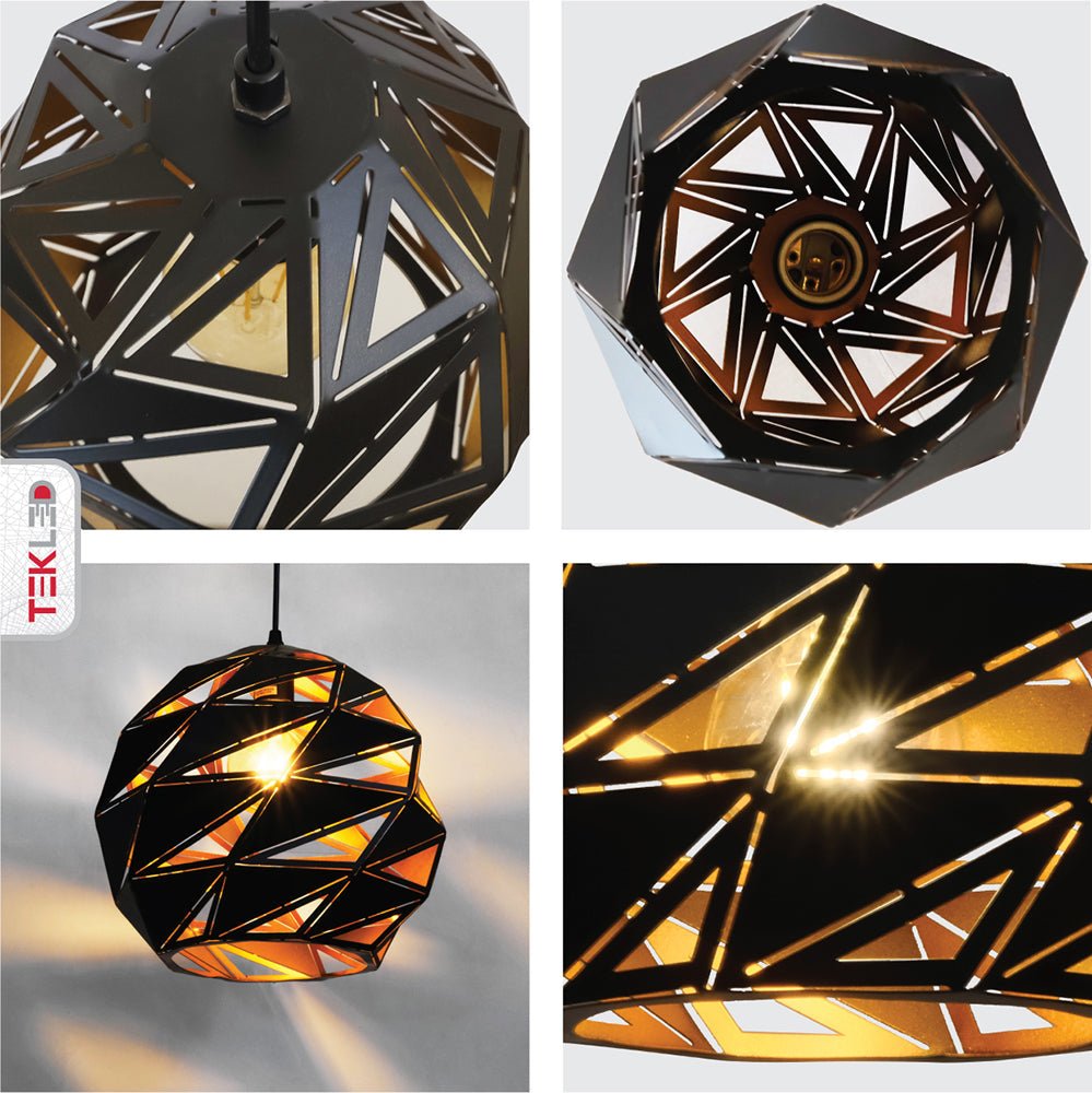 Detailed photo of black-golden metal polyhedral pendant light s with e27 fitting