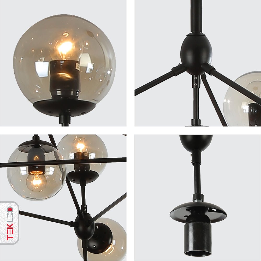 Detailed photo of black rod metal amber glass globe chandelier with 10xe27 fitting