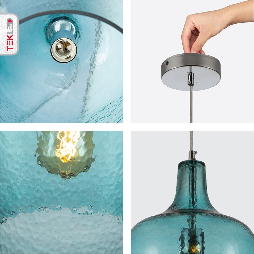 Detailed photo of blue frosted glass schoolhouse pendant light l with e27 fitting