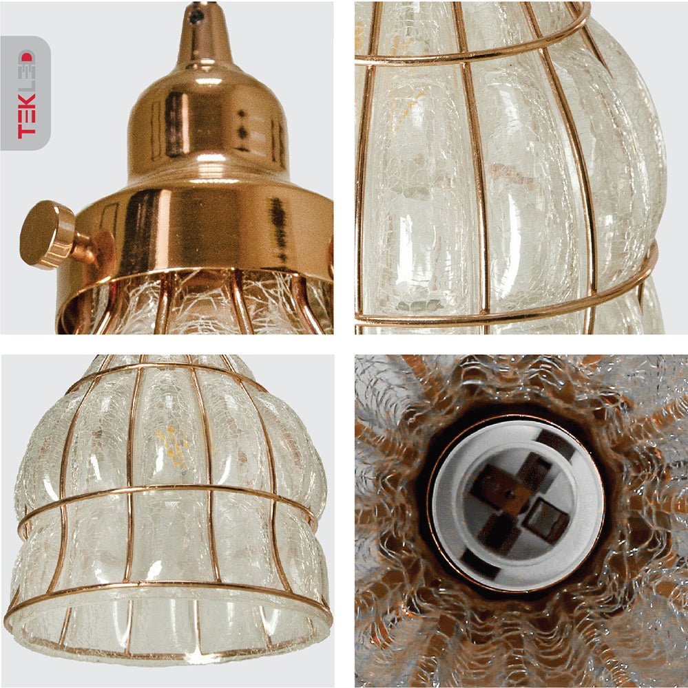 Detailed photo of caged copper metal clear glass dome pendant light with e27 fitting