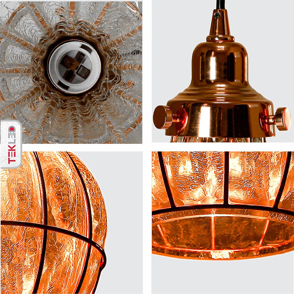 Detailed photo of caged copper metal clear glass india dome pendant light with e27 fitting