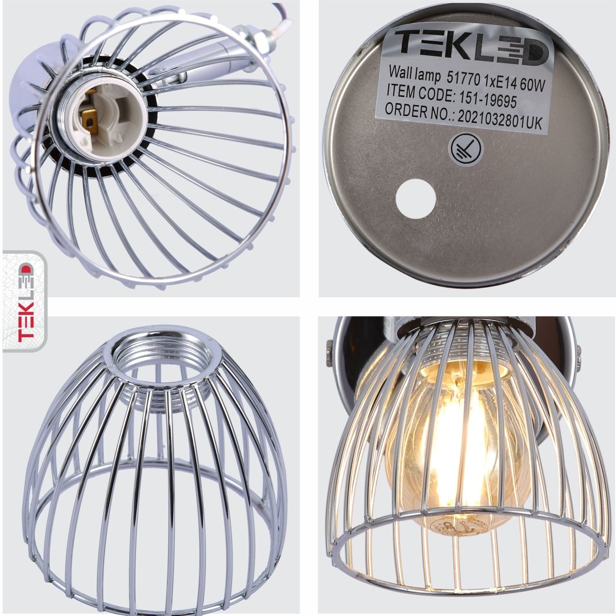 Detailed photo of chrome metal caged wall light e14