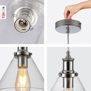Detailed photo of chrome metal clear glass funnel pendant light with e27 fitting