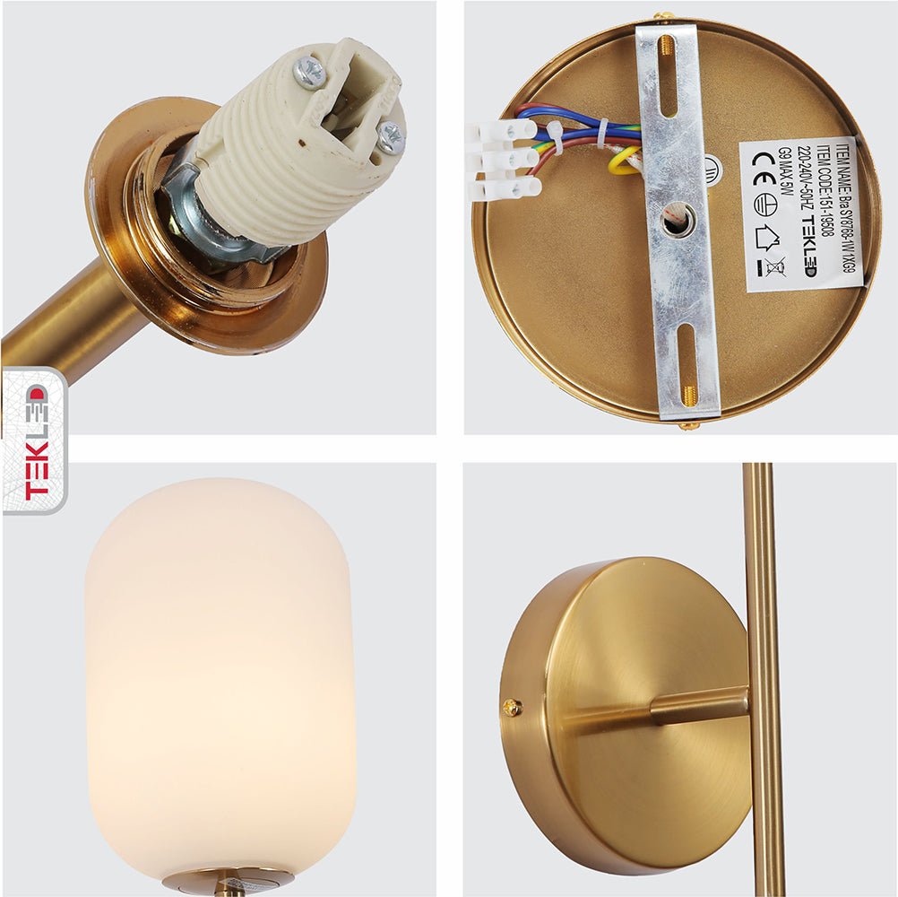Detailed photo of Gold Aluminium Bronze Metal Opal Glass Cylinder Wall Light with G9 Fitting