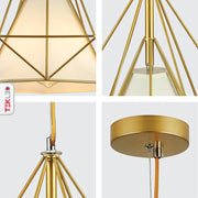 Detailed photo of gold wire opal shade caged funnel pendant light with e27 fitting