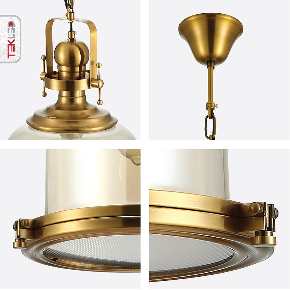 Detailed photo of golden bronze metal amber glass cylinder pendant light sealed with e27 fitting
