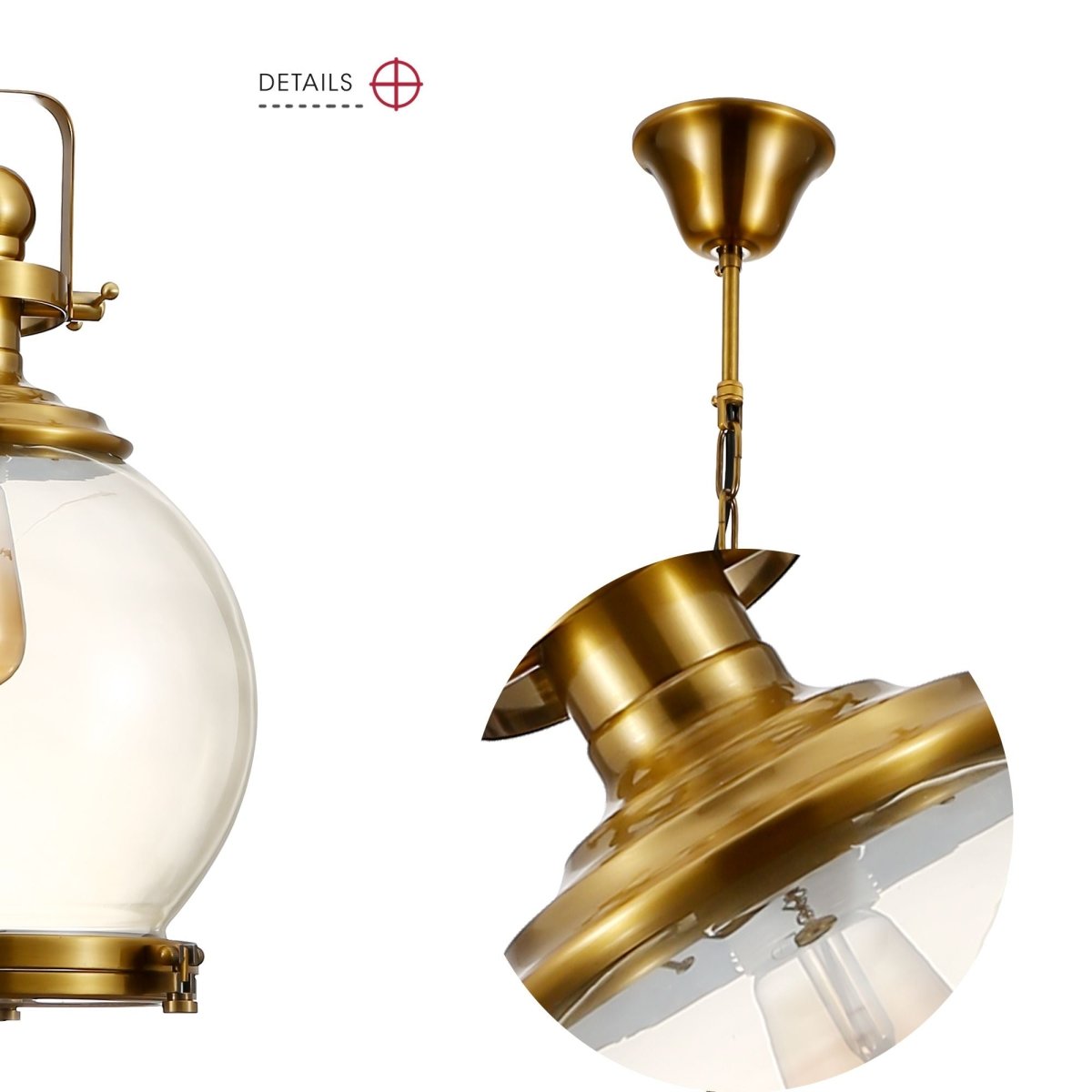 Detailed photo of golden bronze metal amber glass globe pendant light sealed with e27 fitting