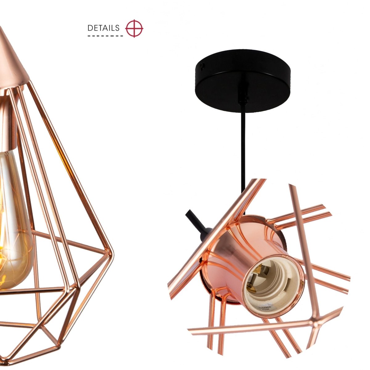 Detailed photo of rose gold metal cage pendant light s with e27 fitting