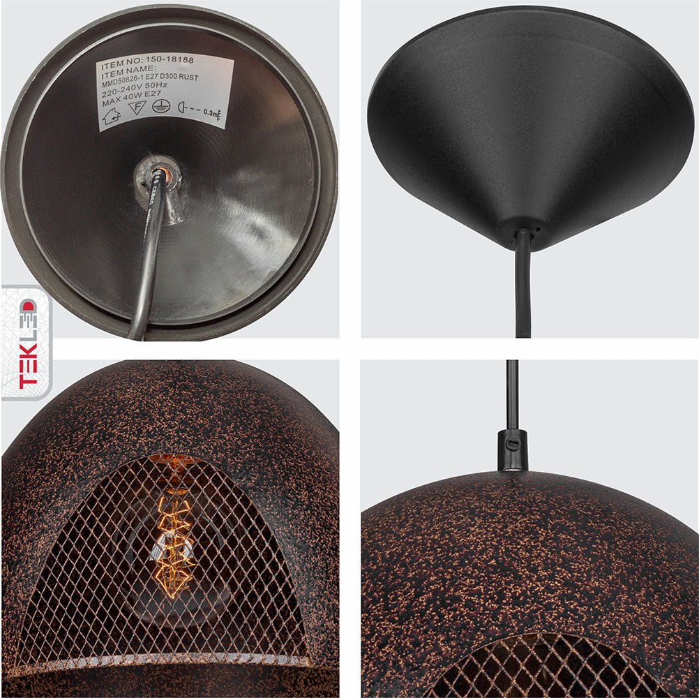 Detailed photo of rusty brown metal dome flat pendant light l with e27 fitting