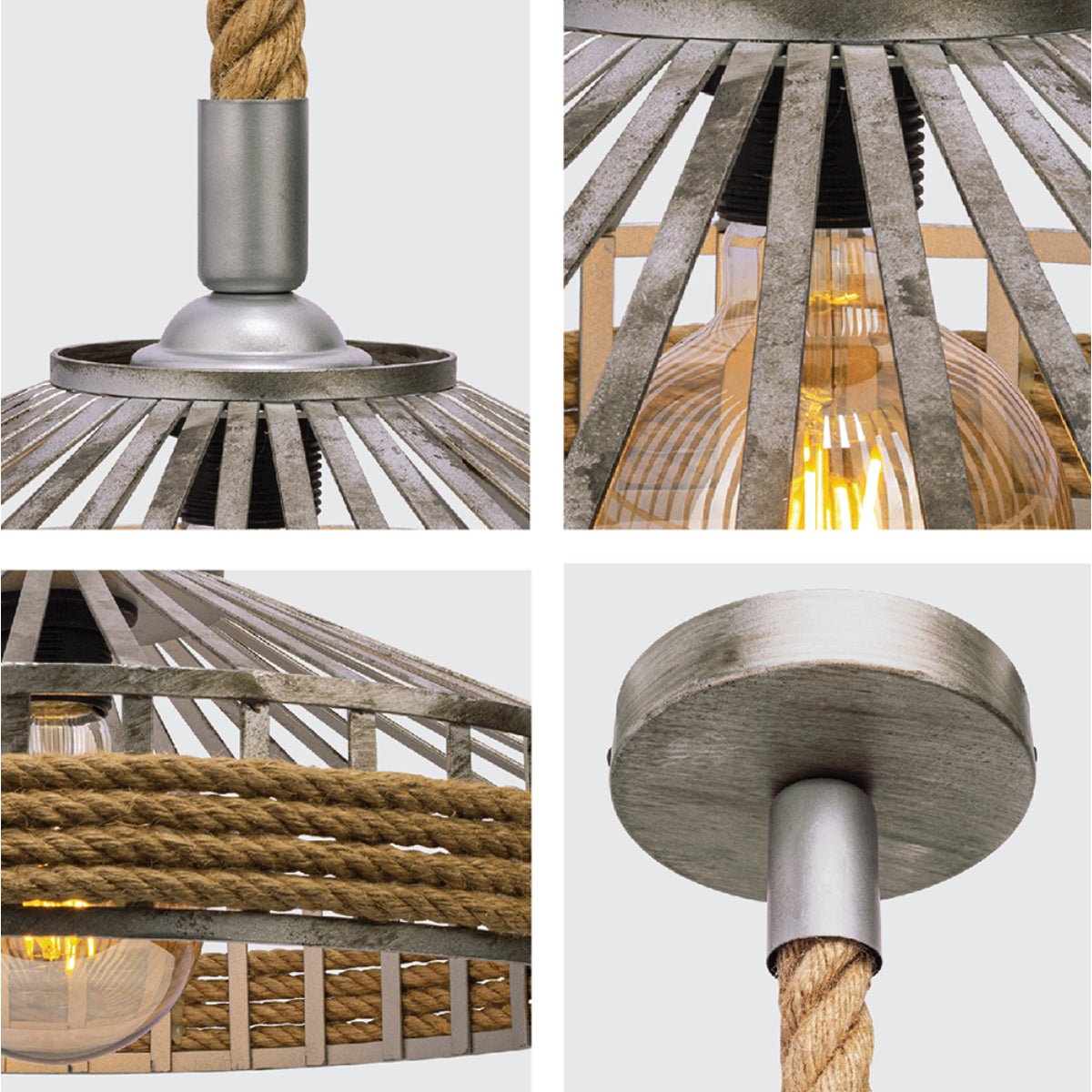 Rustic industrial pendant light fixture with cage shade, rope detail, and a metallic silver finish.