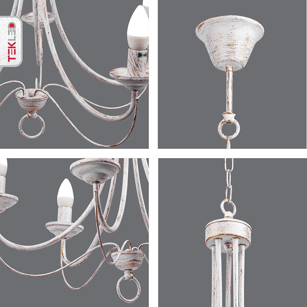Detailed photo of white metal 5 arm chandelier with 5xe14 fitting