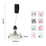 Size and certifications of Large Bezel GU10 Fixed Downlight - Cove Lighting Effect with Dual-Bezel Design 143-04045