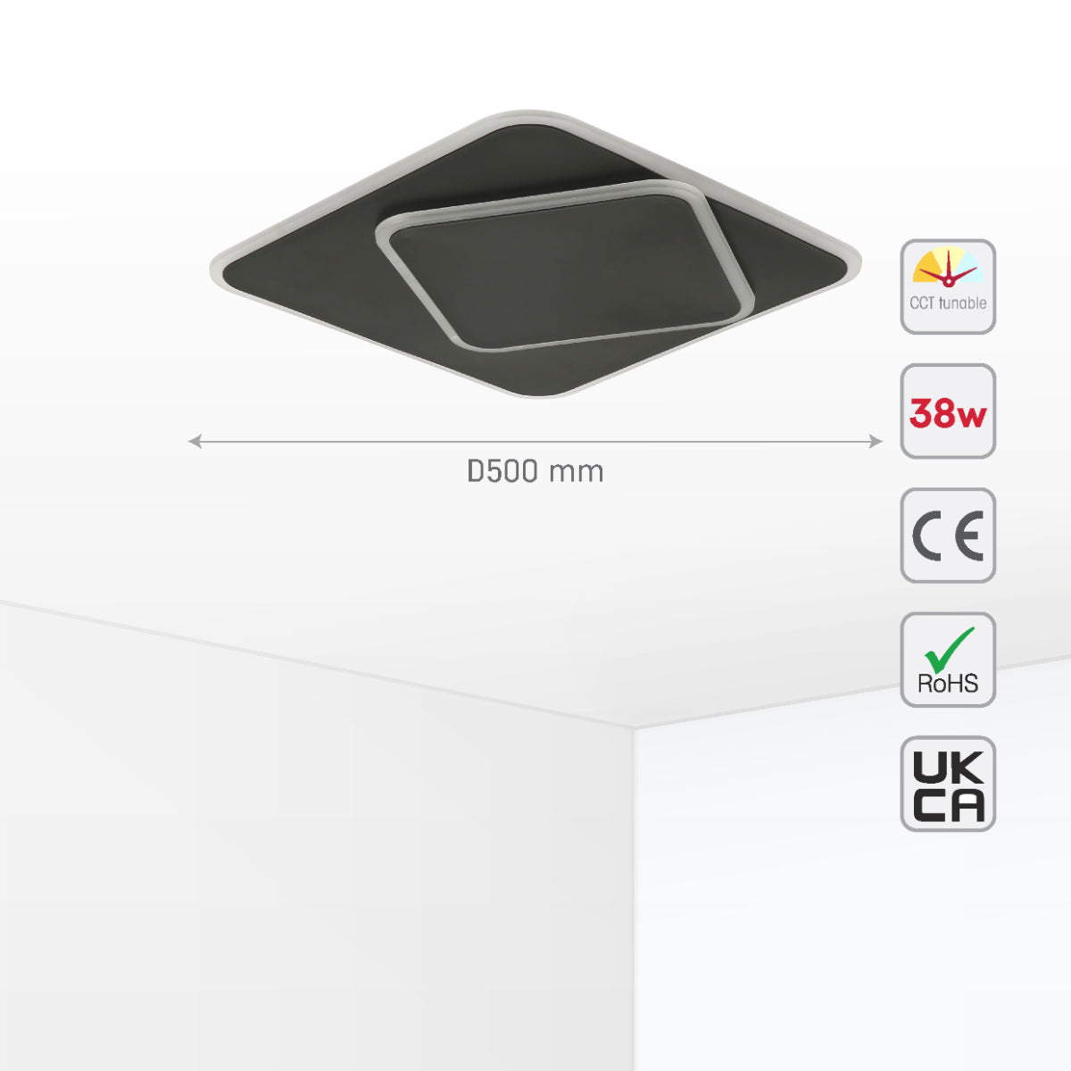 Size and certifications of Layered Square LED Flush Ceiling Light 159-18112