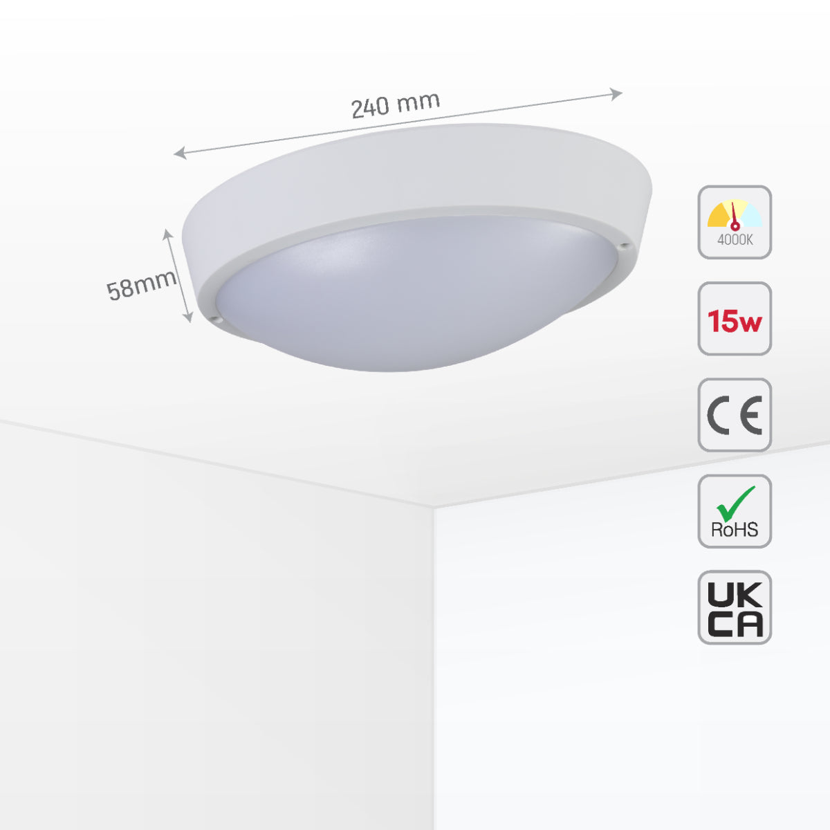 Size and certifications of LED Bulkhead Light IP65 Ceiling Wall Interior Exterior 4000K White 181-15363