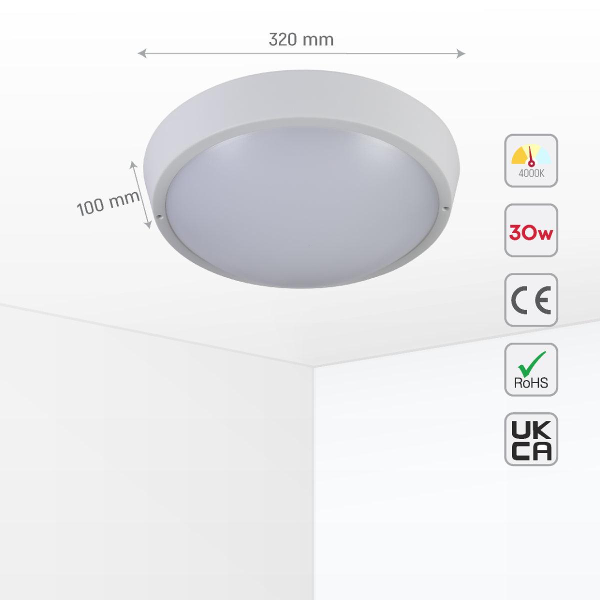 Size and certifications of LED Bulkhead Light IP65 Ceiling Wall Interior Exterior 4000K White 181-15364
