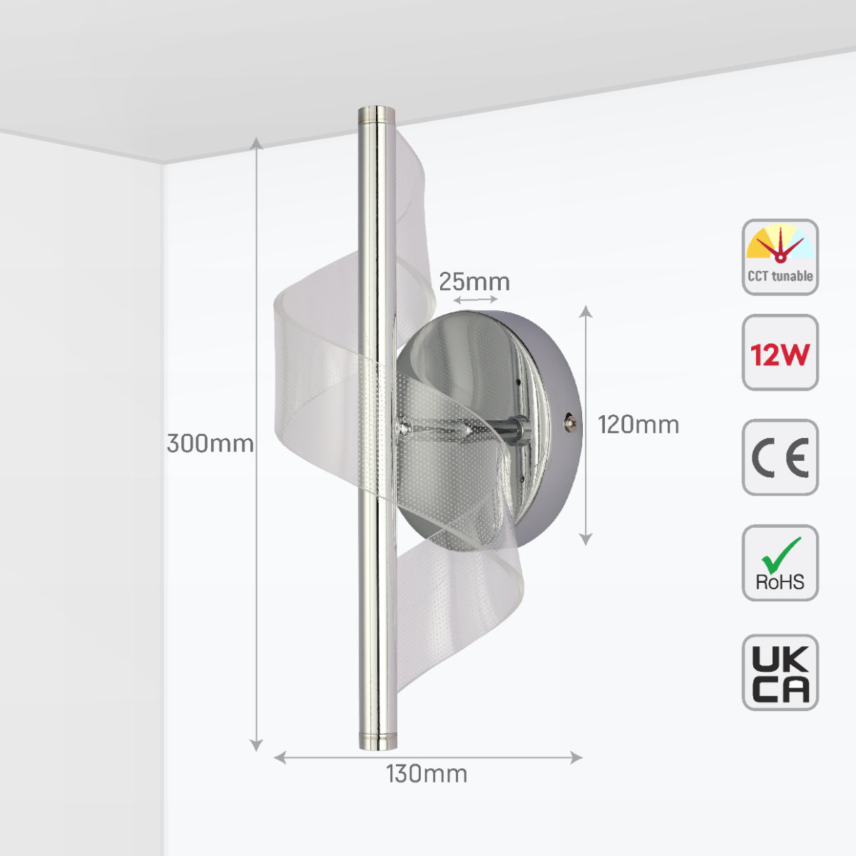 Size and certifications of LED Spiral Modern Wall Sconce Light Chrome CCT Changable 151-19702