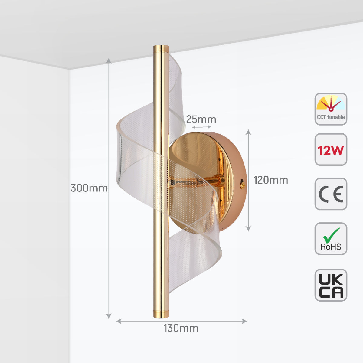 Size and certifications of LED Spiral Modern Wall Sconce Light Chrome CCT Changable 151-19704