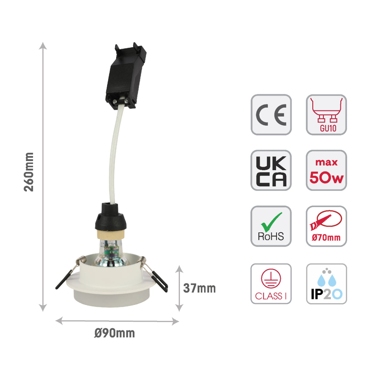 Size and certifications of Low-Glare GU10 Fixed Downlight - Opal Acrylic & Die-Cast Aluminum 143-04041