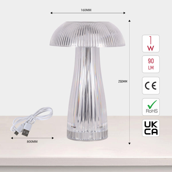Size and certifications of Lumi Crystal Touch: Rechargeable Mushroom-Shaped LED Lamp 130-03716