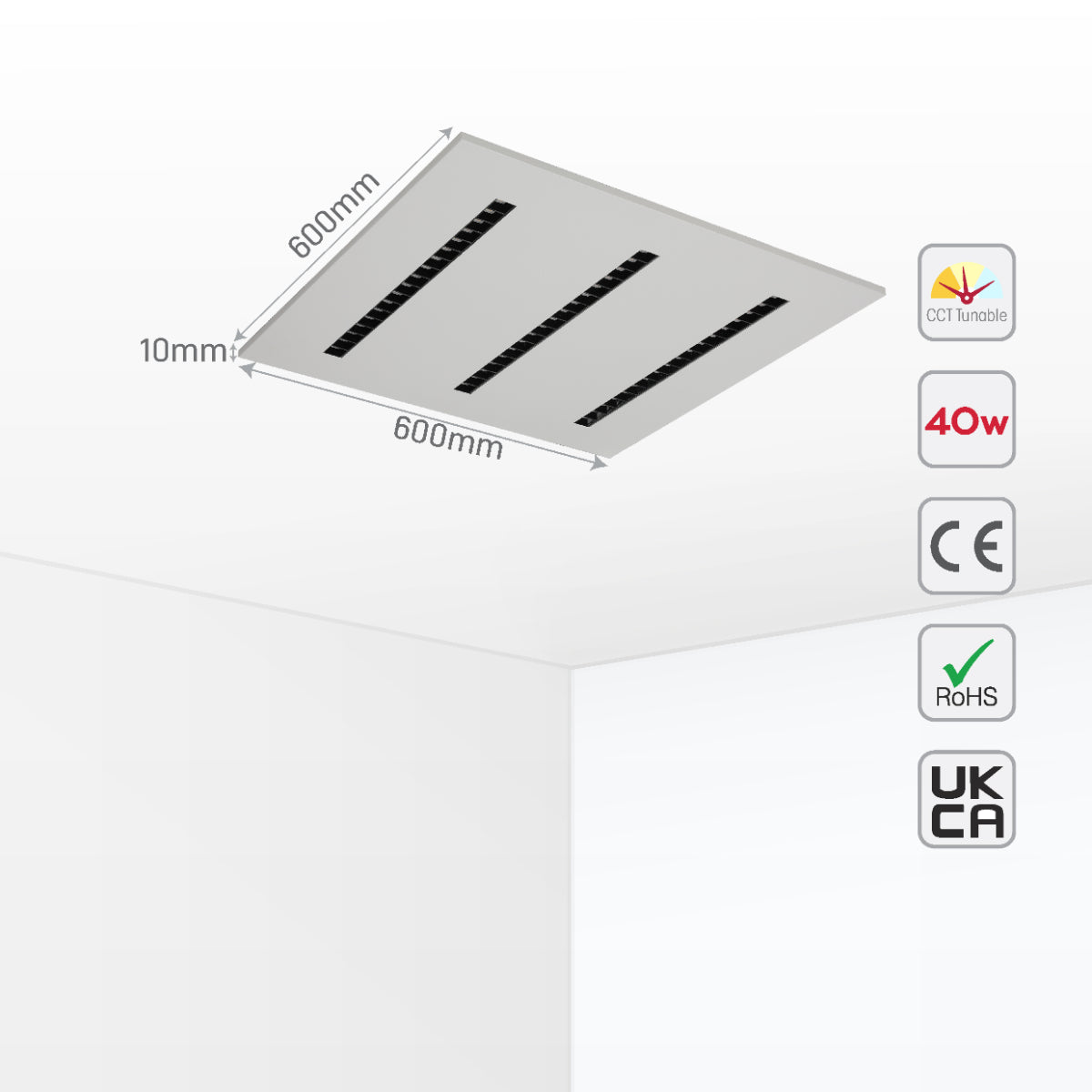 Size and certifications of LuminEssence OfficePro Anti Glare Laser LED Panel Light 40W 4000lm Low UGR 600x600 3CCT 165-015059