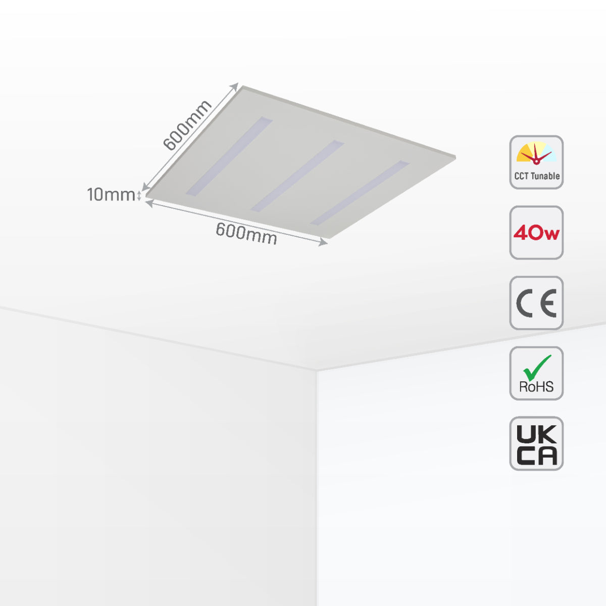 Size and certifications of LuminEssence OfficePro LED Panel Light 40W 4000lm 600x600 3CCT 165-015058