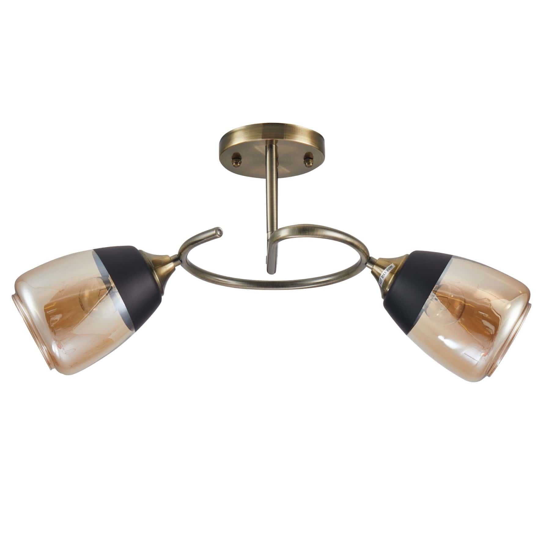 Main image of Amber Black Bell Glass Antique Brass Metal Spiral Semi Flush Ceiling Light | TEKLED 159-17156