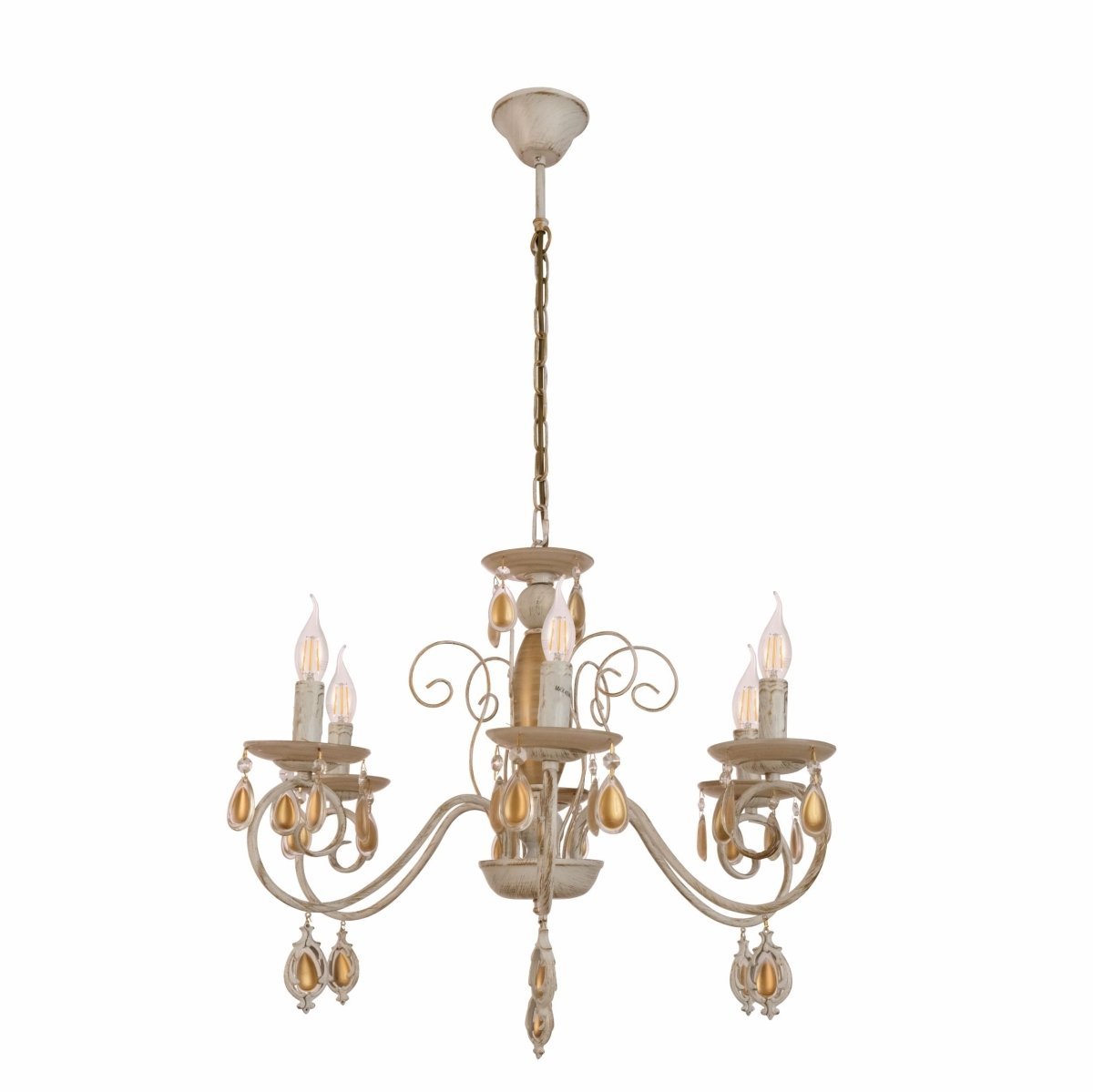 Main image of Amber Crystal Gold and White Metal 6 Arm Chandelier with E14 Fitting | TEKLED 158-19443