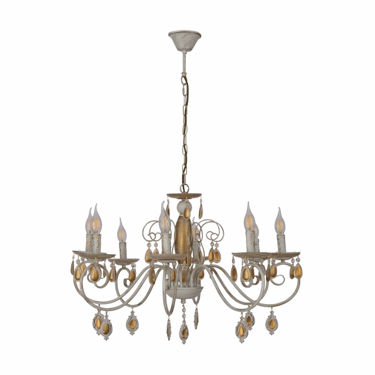 Main image of Amber Crystal Gold and White Metal 8 Arm Chandelier with E14 Fitting | TEKLED 158-19444