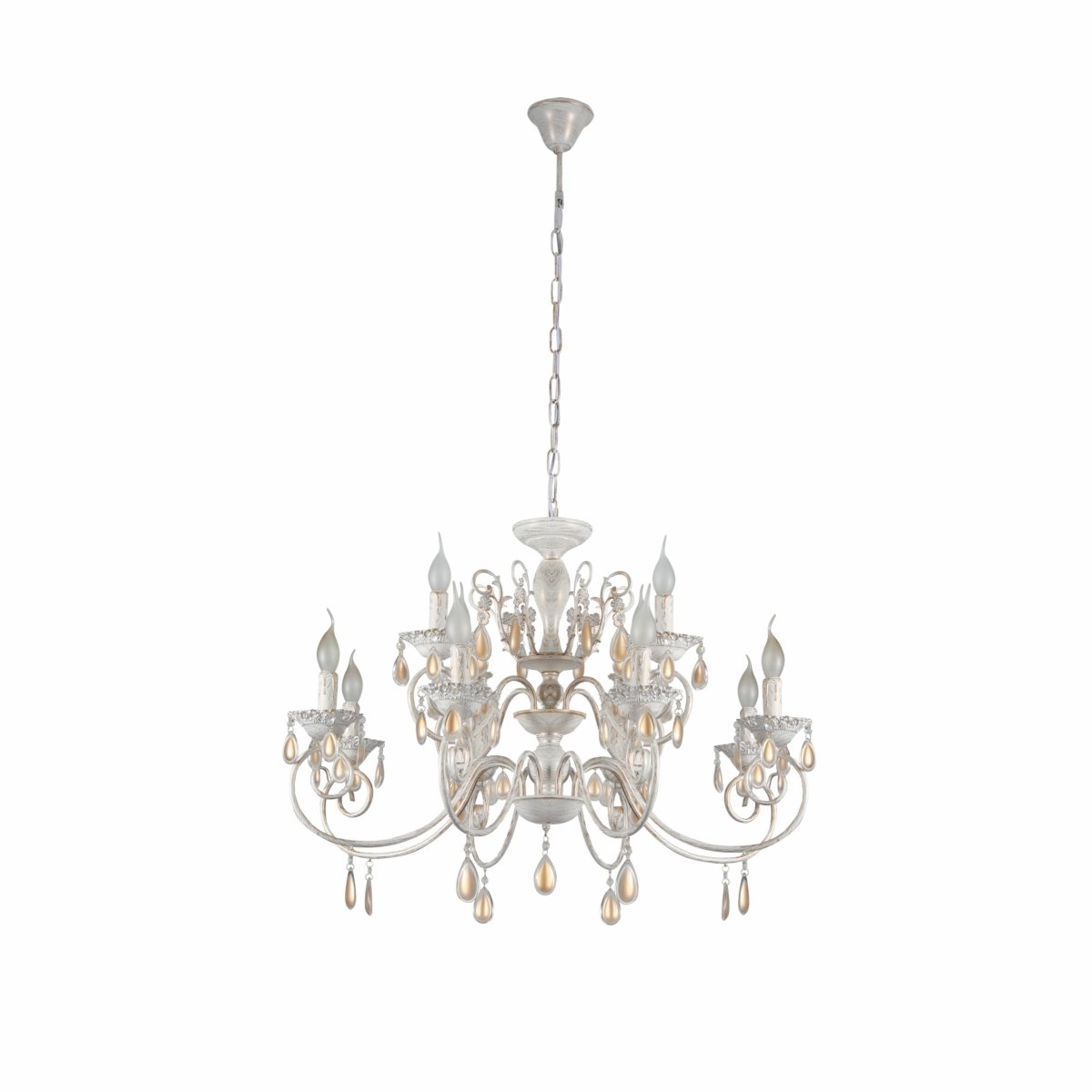 Main image of Amber Crystals Rice White with Gold Brushed Metal 12 Arm Chandelier with E14 Fitting | TEKLED 158-17854