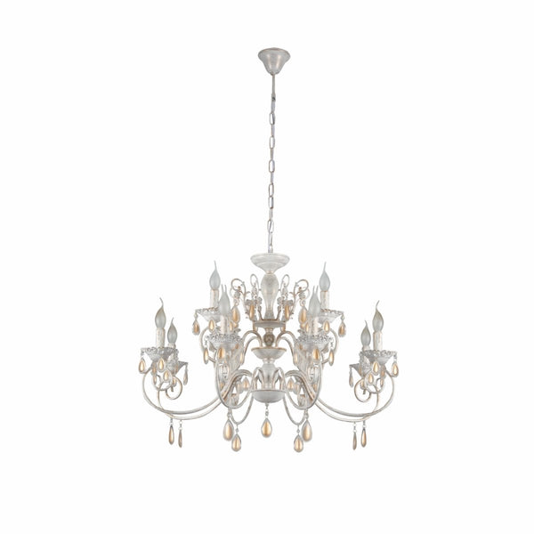 Main image of Amber Crystals Rice White with Gold Brushed Metal 12 Arm Chandelier with E14 Fitting | TEKLED 158-17854