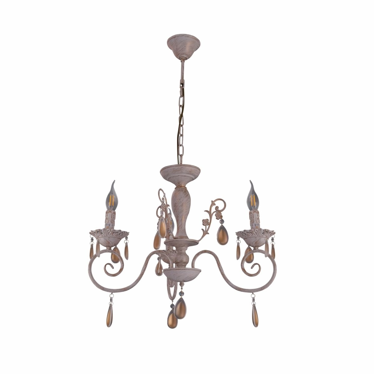 Main image of Amber Crystals Rice White with Gold Brushed Metal 3 Arm Chandelier with E14 Fitting | TEKLED 158-17848