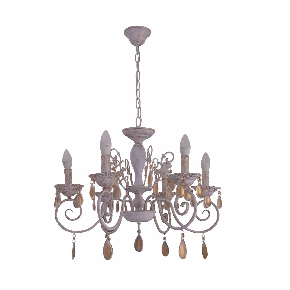 Main image of Amber Crystals Rice White with Gold Brushed Metal 6 Arm Chandelier with E14 Fitting | TEKLED 158-17850