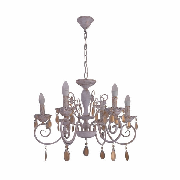 Main image of Amber Crystals Rice White with Gold Brushed Metal 6 Arm Chandelier with E14 Fitting | TEKLED 158-17850