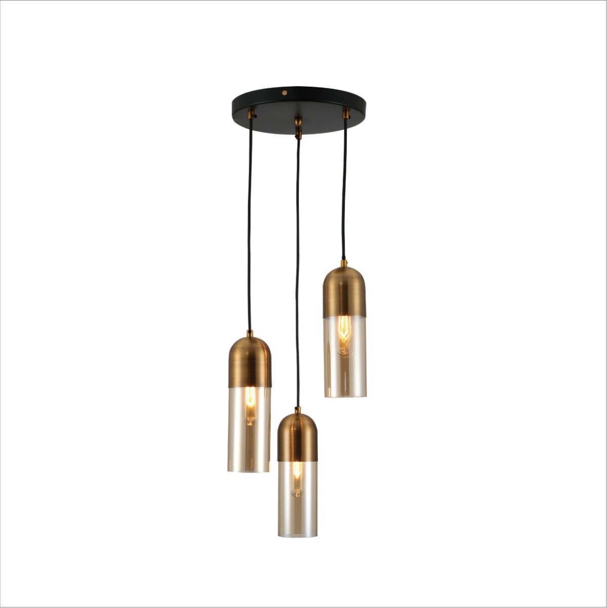 Main image of Amber Glass Gold Aluminium Bronze Plated Top Cylinder Pendant Light with 3xE27 Fitting | TEKLED 159-17299