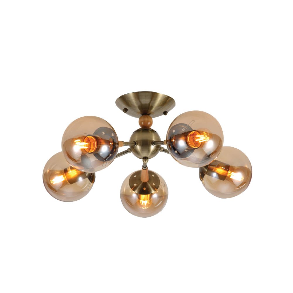 Main image of Amber Globe Glass Antique Brass Metal Wood Body Vintage Retro Molecule Ceiling Light with 5xE27 Fittings | TEKLED 159-17780