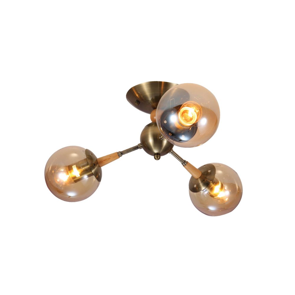 Main image of Amber Globe Glass Antique Brass Metal Wood Body Vintage Retro Molecule Ceiling Light with E27 Fittings | TEKLED 159-17778