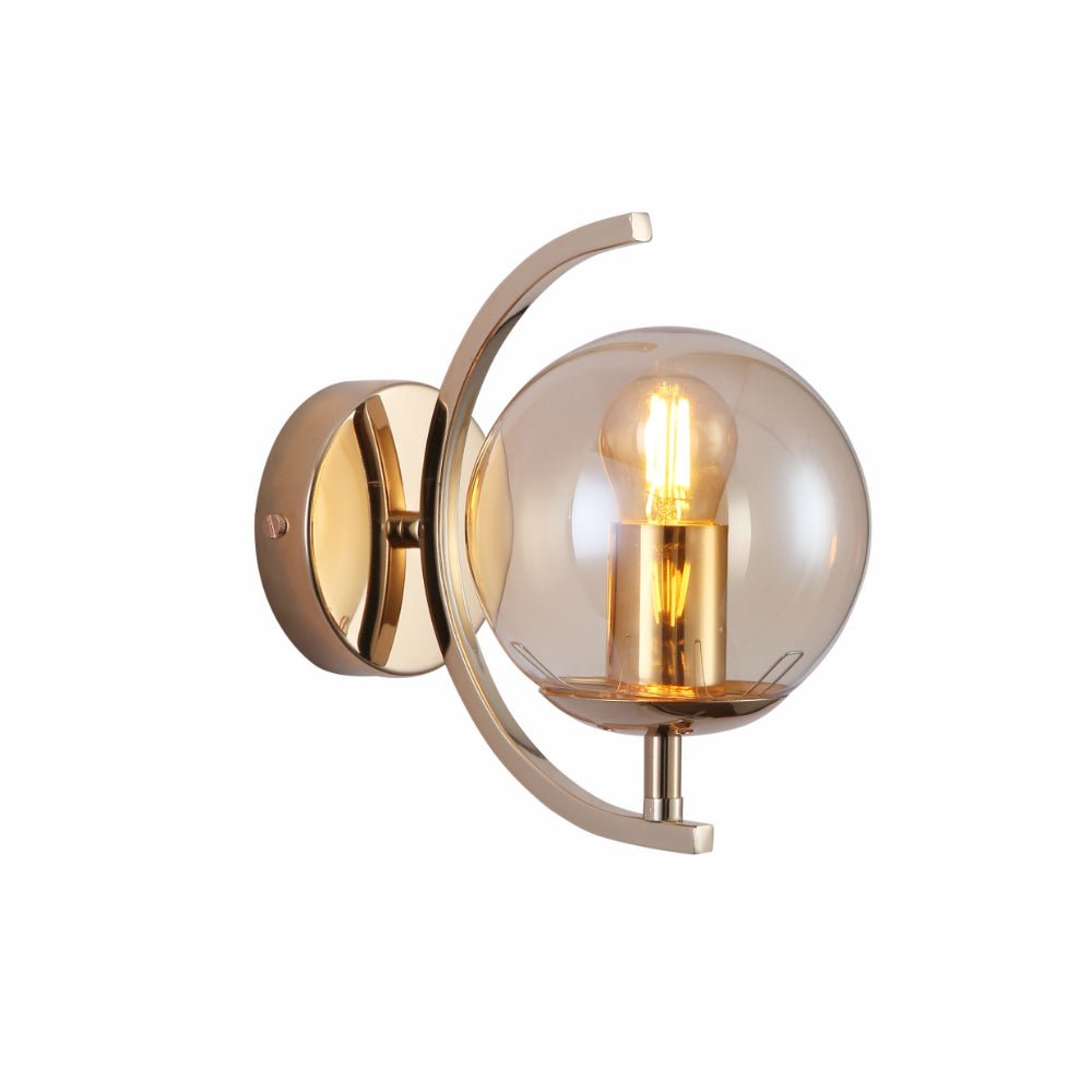 Main image of Amber Globe Glass Crescent Gold Metal Modern Wall Light with E27 Fitting | TEKLED 151-19806