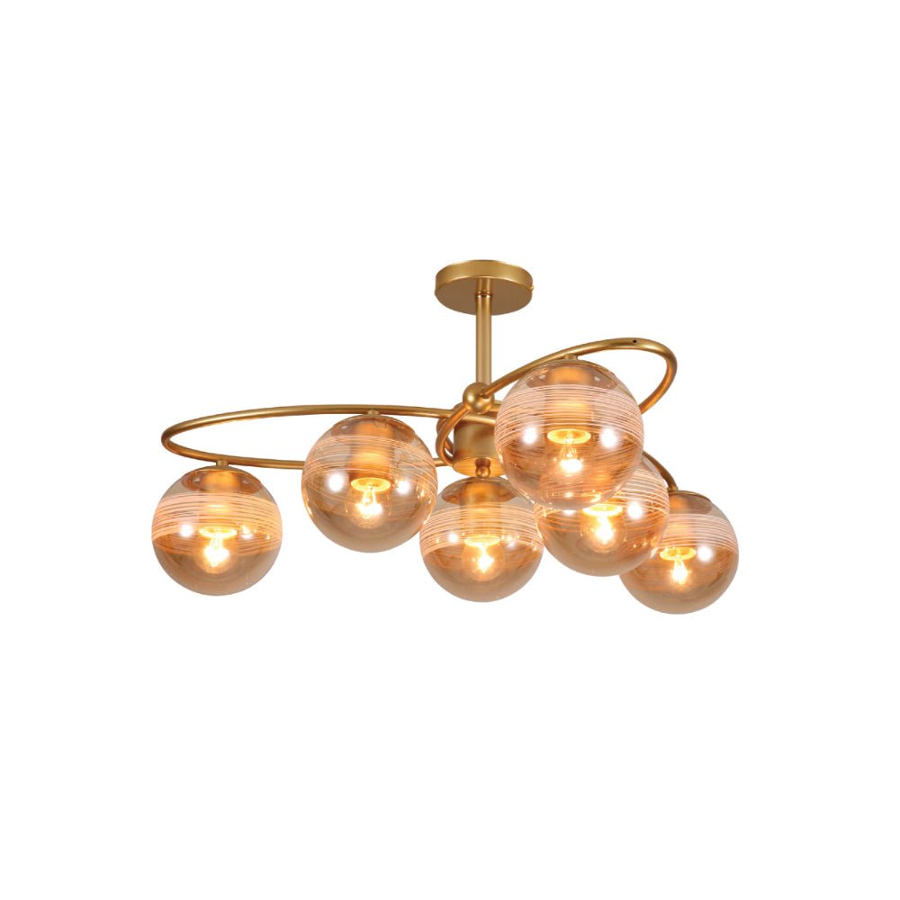 Main image of Amber Globe Glass Gold Ellipse Metal Body Semi Flush Modern Ceiling Light with E27 Fittings | TEKLED 159-17666