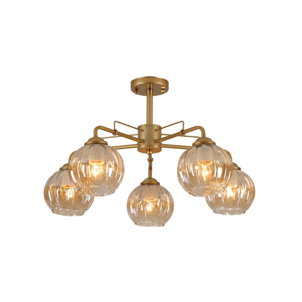 Main image of Amber Reeded Globe Glass Gold Metal Industrial Vintage Retro Semi Flush Ceiling Light with E27 Fittings | TEKLED 159-17654