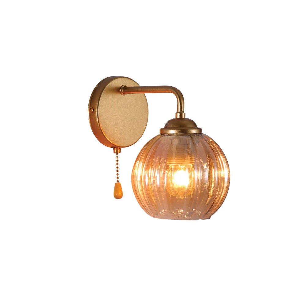 Main image of Amber Reeded Globe Glass Gold Metal Industrial Vintage Retro Wall Light with Pull Down Switch E27 Fitting | TEKLED 151-19778
