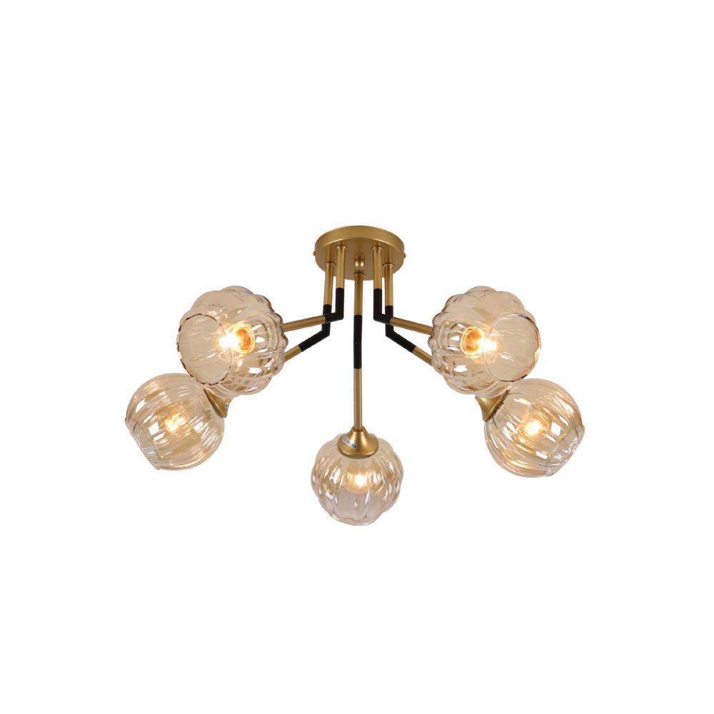 Main image of Amber Reeded Globe Glass Gold Metal Vintage Retro Semi Flush Ceiling Light with 5xE27 Fittings | TEKLED 159-17662