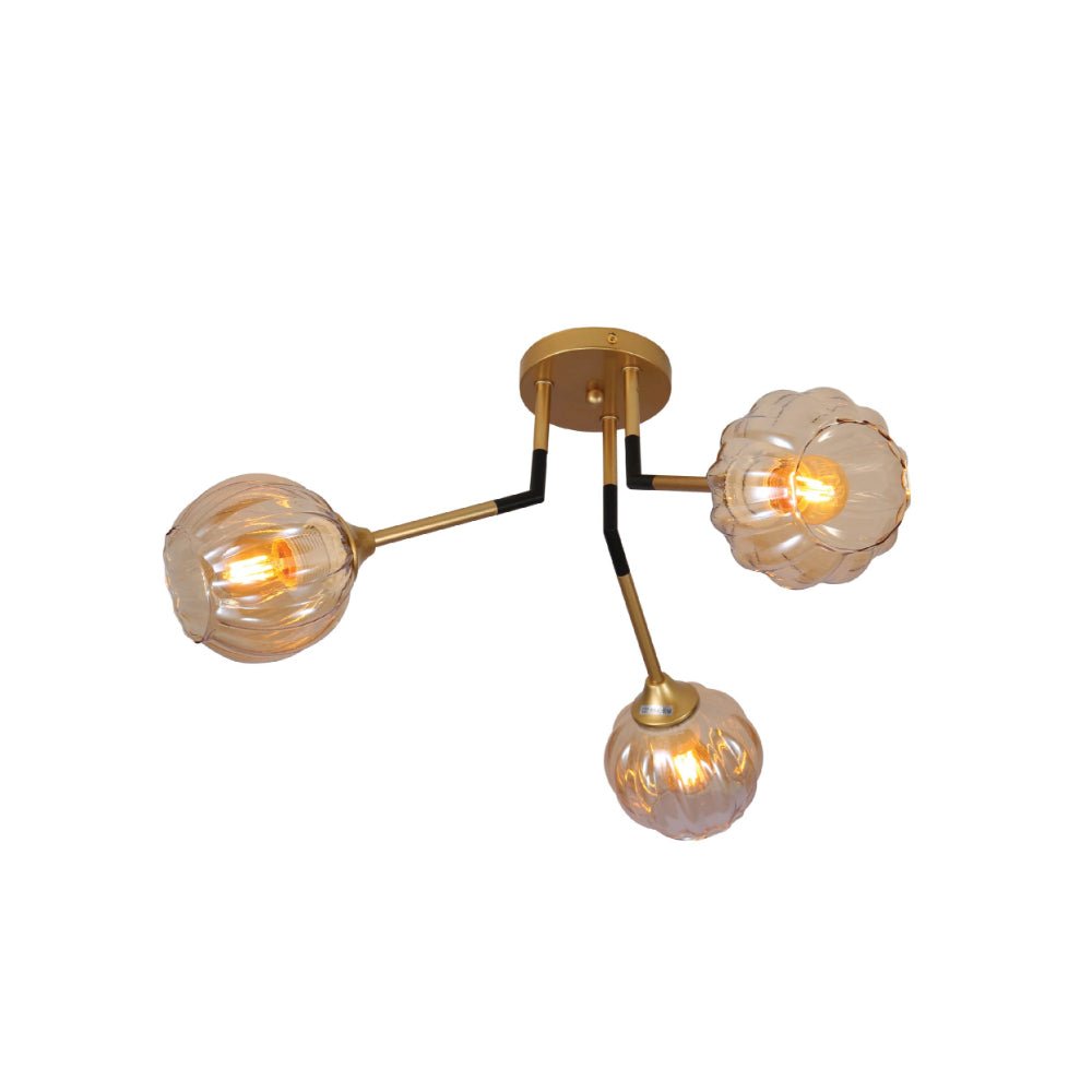 Main image of Amber Reeded Globe Glass Gold Metal Vintage Retro Semi Flush Ceiling Light with E27 Fittings | TEKLED 159-17660