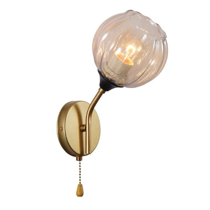 Main image of Amber Reeded Globe Glass Gold Metal Vintage Retro Wall Light with Pull Down Switch E27 Fitting | TEKLED 151-19782