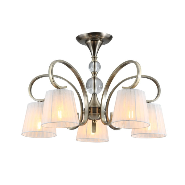 Main image of Antique Brass Metal Body Rice White Fabric Shaded Vintage Traditional Retro Ceiling Chandelier Light with 5xE27 Fitting | TEKLED 159-17820